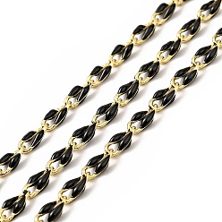 Black Brass Enamel Curb Chains, Soldered, with Spools, Real 18K Gold Plated, Black, 7x3x1.7mm