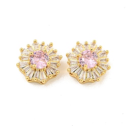 Pink Многожильные звенья из латуни с паве из кубического циркония, цветок, реальный 18 k позолоченный, розовые, 14.5x7.5 мм, отверстие : 1.6 мм