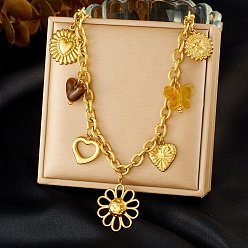 Fleur 304 Colliers plastron multi-pendentifs en acier inoxydable et résine pour femmes, or, fleur, 15.94 pouce (40.5 cm)