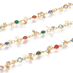 Golden Handmade Brass Link Chains, with Brass Charms, Glass Links and Spool, Soldered, Long-Lasting Plated, Star,Colorful, Golden, Link: 10x5.5x2mm and 3.5x2.5x0.5mm, about 32.8 Feet(10m)/roll