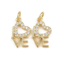 Настоящее золото 18K Латунные микро проложить кубического циркония подвески, сердце со словом любовь прелести, с целью перехода в кольце, стойки покрытие, долговечный, без свинца и без кадмия, реальный 18 k позолоченный, 15x10x1.5 мм, отверстие : 3.5 мм