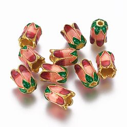 Light Salmon Alloy Bead Caps, with Enamel, 5-Petal, Light Gold, Light Salmon, 11x8mm, Hole: 2mm