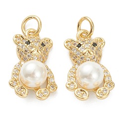 Настоящее золото 18K Латунные микро проложить кубического циркония подвески, долговечный, с пластиковыми жемчугом, медведь, реальный 18 k позолоченный, 18x10.5x11.5 мм, отверстие : 3 мм