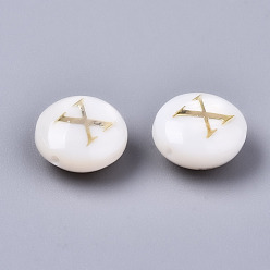 Letter X Natural Freshwater Shell Beads, with Golden Plated Brass Etched Metal Embellishments, Flat Round, Seashell Color, Letter.X, 8x3~5mm, Hole: 0.5~07mm