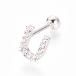 Letter U Boucles d'oreilles en argent sterling plaqué rhodium, micro pavé, zircone cubique transparente, haltère, cartilage, letter.u, 925mm, pin: 6x5x1.5 mm
