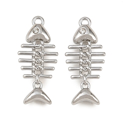 Platino Colgantes de diamantes de imitación de aleación de chapado en rack, amuletos de espina de pescado, Platino, 25.5x11.5x5.5 mm, agujero: 1.6 mm