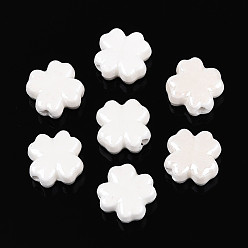 Белый Фарфоровые бусины ручной работы, Четыре листа клевера, яркие глазированный фарфор, белые, 11.5~12x11.5~12x5.5~6 мм, отверстие : 1.8~2 мм