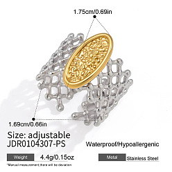 Golden & Stainless Steel Color 304 Stainless Steel Oval Cuff Open Rings for Women, Golden & Stainless Steel Color, US Size 6 1/2(16.9mm)