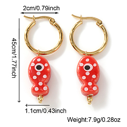 Red 304 Stainless Steel Hoop Earrings for Women, Fish, Handmade Procelain Dangle Earrings, Golden, Red, 19x11mm