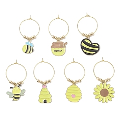 Золотой 7 шт. подвески для бокалов для вина из эмалевого сплава в виде пчел, с 304 соединительными кольцами из нержавеющей стали и латунными проставками, золотые, 49~56.5 мм