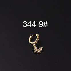 Бабочка Серьги-кольца с микропаве из латуни и прозрачным кубическим цирконием для крепления на хрящ, золотые, бабочка, 35x9 мм