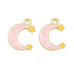 Pink Colgantes de la aleación del esmalte, Luna con encantos de estrellas, dorado, rosa, 16x13x1 mm, agujero: 1.6 mm