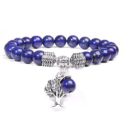 Lapislázuli Pulsera elástica con cuentas de lapislázuli natural y dijes de aleación del árbol de la vida, 6-3/4~8-5/8 pulgada (17~22 cm)