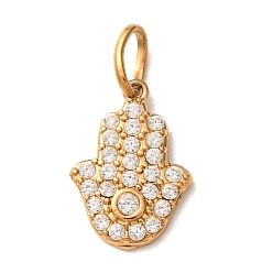 Oro 304 dijes de circonita cúbica transparentes micro pavé de acero inoxidable, encantos de mano hamsa, revestimiento de iones (ip), dorado, 13.5x9.5x1.5 mm, agujero: 4x2.5 mm