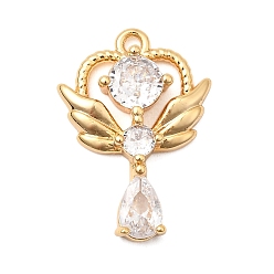 Настоящее золото 18K Латунные микропаве прозрачные подвески с фианитом, подвеска в виде сердца с крылом и слезой, без никеля , реальный 18 k позолоченный, 20x14.5x4 мм, отверстие : 1.4 мм