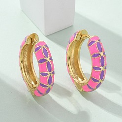 Ярко-Розовый Латунные серьги обруча, с эмалью, без свинца и без кадмия, реальный 18 k позолоченный, стойки покрытие, ярко-розовый, 20x5 мм