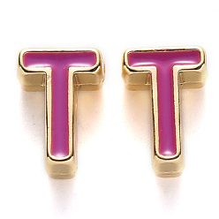 Letter T Рейка покрытие сплава эмалевые бусины, без кадмия, без никеля и без свинца, золотой свет, средне фиолетовый красный, letter.t, т: 10x7x5 мм, отверстие : 1.6 мм