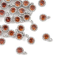 Orange Red SHEGRACE Brass Pave Cubic Zirconia Charms, Flat Round Charms, Single Stone Charms, Cadmium Free & Lead Free & Nickel Free, Long-Lasting Plated, Platinum, Orange Red, 6x4x3mm, Hole: 1mm