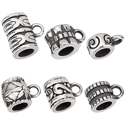 Antique Silver 6Pcs 6 Style 304 Stainless Steel Tube Bails, Loop Bails, Bail Beads, Column & Tube & Rondelle, Antique Silver, 9~10x4~10x6~7.5mm, hole:1.8mm, Inner Diameter: 4mm, 1pc/style