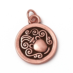 Водолей Латунные подвески, с прыжковых колец, долговечный, плоский круг со знаком 12 созвездия / зодиака, античный розового золота, Водолей, 18.5x15x2 мм, переходное кольцо: 5x0.7 мм, внутренний диаметр: 3.6 мм