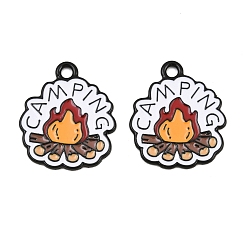 Sandy Brown Baking Paint Alloy Enamel Pendants, Black, Fire with Word Camping Charms, Sandy Brown, 23x20x1mm, Hole: 2mm