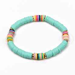 Turquoise Bracelets élastiques faits à la main de perles heishi en pâte polymère, laiton perles d'espacement, turquoise, diamètre intérieur: 2-1/4 pouce (5.6 cm)