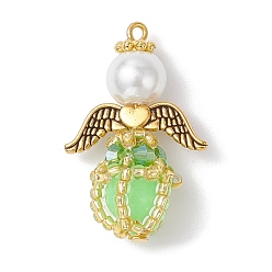 Зеленый лайм Светящиеся подвески-ангелы из стеклянных бусин ручной работы, с железной петлей, крылом из сплава и стеклянными бусинами, светится в темноте, зеленый лайм, 30x20x12 мм, отверстие : 1.4 мм