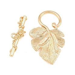 Real 18K Gold Plated Brass Toggle Clasps, Leaf with Flower, Real 18K Gold Plated, 33x20.5x2.5mm, Hole: 1.5mm, Bar: 25.5x7.5x5.5mm, Hole: 1.5mm