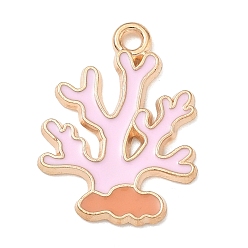 Pink Alloy Enamel Pendants, Coral Charms, Light Gold, Pink, 21.5x16x1.2mm, Hole: 1.8mm