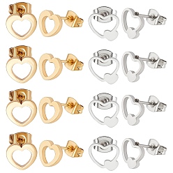 Mixed Color 20Pair 2 Style Heart 304 Stainless Steel Stud Earrings, Hypoallergenic Earrings for Women, Golden & Stainless Steel Color, 7.5x8.5~9x1mm, Pin: 0.8mm, 10pairs/style