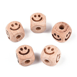 Smiling Face Гравированные бусины из бука, неокрашенными, кубические, улыбающееся лицо, 12x12x12 мм, отверстие : 4~4.5 мм