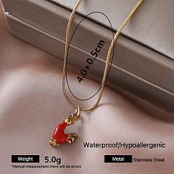 Rooster Vintage 304 Stainless Steel Red Enamel Pendant Round Snake Chain Necklaces for Women, Golden, Rooster, 15.75 inch(40cm)