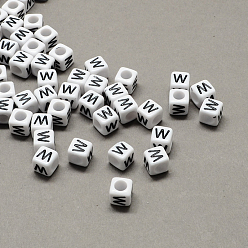 Letter W Большой дыра акрил письмо европейский бисер, горизонтальное отверстие, белый и черный, куб с письмом, буква.w, 8x8x8 мм, отверстие : 4 мм, Около 1144 шт / 500 г
