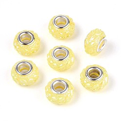 Шампанско-Желтый Непрозрачная смола европейский бисер, бусины с большим отверстием, рондель с латунными сердечниками, покрытыми серебром, шампанское желтый, 13.5~14x8.2~9 мм, отверстие : 5 мм