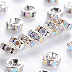 Crystal AB Brass Grade A Rhinestone Spacer Beads, Silver Color Plated, Nickel Free, Crystal AB, 5x2.5mm, Hole: 1mm