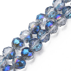 Royal Blue Electroplate Transparent Glass Beads Strands, Half Plated, Faceted, Round, Royal Blue, 10x8.5mm, Hole: 1.2mm, about 60pcs/strand, 20.47 inch(52cm)