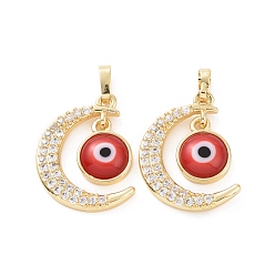Red Brass Micro Pave Cubic Zirconia Pendants, with Handmade Evil Eye Lampwork, Crescent Moon Charm, Real 18K Gold Plated, Red, 23x16x4mm, Hole: 4x6mm