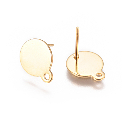 Golden 304 Stainless Steel Ear Stud Components, with Loop and Flat Plate, Flat Round, Golden, 13x10.5mm, Hole: 1.4mm, Pin: 0.7mm