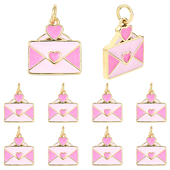 Pink 10подвески из латуни с эмалью, конверт очарование, с прыжковых колец, стойки покрытие, реальный 18 k позолоченный, без свинца и без кадмия, долговечный, розовые, 14.5x13x2 мм, отверстие : 3.4 мм