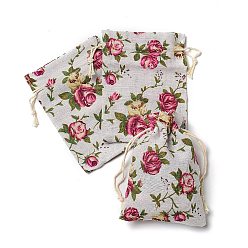 Flower Cotton Cloth Packing Pouches Drawstring Bags, Rectangle, Rose Pattern, 14x10cm