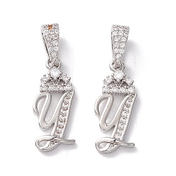 Letter Y Кулоны из экологически чистой латуни с микропаве и кубическим цирконием, долговечный, Реальная платина, без кадмия и без свинца, буквы, letter.y, 16~20x7~11.5x1.5~2.2 мм, отверстие : 6.5x3.5 мм