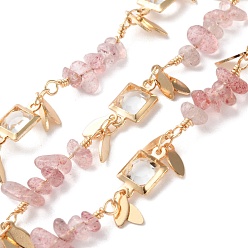 Клубничный Кварц Квадратные звенья латунных стеклянных цепей ручной работы, с натуральными бусинами из клубничного кварца для изготовления ожерелий и браслетов, долговечный, пайки, с катушкой, золотые, ссылка: 12~25x4~6.5x2~6 mm, около 16.40 футов (5 м) / рулон
