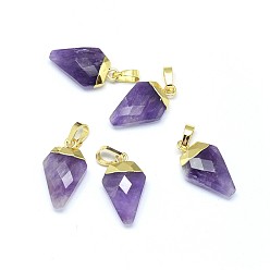 Amethyst Natural Amethyst Pendants, with Long-Lasting Plated Brass Findings, Faceted, Diamond, Golden, 18x11x5mm, Hole: 3.5x5.5mm