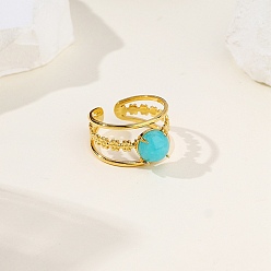 Golden 304 Stainless Steel Cuff Open Rings, Flower, with Turquoise, Golden, 11.5mm, Inner Diameter: 17mm