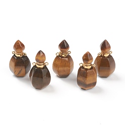 Tiger Eye Faceted Natural Tiger Eye Pendants, Openable Perfume Bottle, with Golden Tone Brass Findings, 32~33x17~18x16mm, Hole: 2mm, capacity: 1ml(0.03 fl. oz)