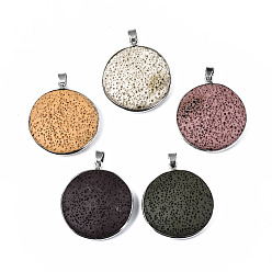 Mixed Color Synthetic Lava Rock Pendants, with Platinum Tone Brass Findings, Dyed, Flat Round, Mixed Color, 38~39x34~35x8.5~9.5mm, Hole: 4.5x6mm