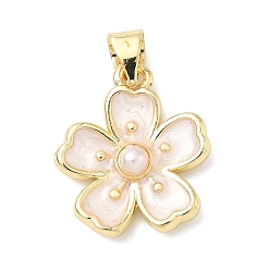 Белый Латунь эмаль подвески, , с пластмассовой жемчужиной abs, долговечный, стойки покрытие, без свинца и без кадмия, реальный 18 k позолоченный, белые, 17x15x3.5 мм, отверстие : 5x3 мм