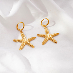 Starfish Ocean 304 Stainless Steel Hoop Dangle Earrings for Women, Real 18K Gold Plated, Starfish, 50x34mm