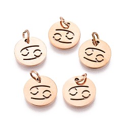 Рак 304 прелести нержавеющей стали, плоский круглый с созвездием / знак зодиака, розовое золото , рак, 12x1 мм, отверстие : 3 мм