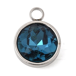 Стально-синий Тема камней-талисманов сентября 304 подвески из нержавеющей стали, плоский круглый шарм, с k 9 стеклом, полировка, граненые, стальной синий, 16x12x7.3 мм, отверстие : 2.6 мм